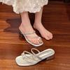 Fashion Pearl One-word with Set Toe Casual Women's Shoes 2025 Summer New Thick Heel Outer Wear Cool Slippers 2025 Direct Sales