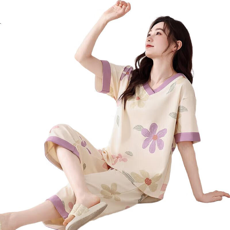 Yiershuang [100% Pure Cotton] Women's Pajamas, Summer V-Neck Short-Sleeve Pullover Loungewear, Women's Day Gift