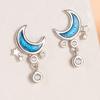 Exquisite Blue Star and Moon Stud Earrings, Fashionable Temperament, Zircon Inlay Design Sense, Glue Craftsmanship, Crescent Earrings, Women