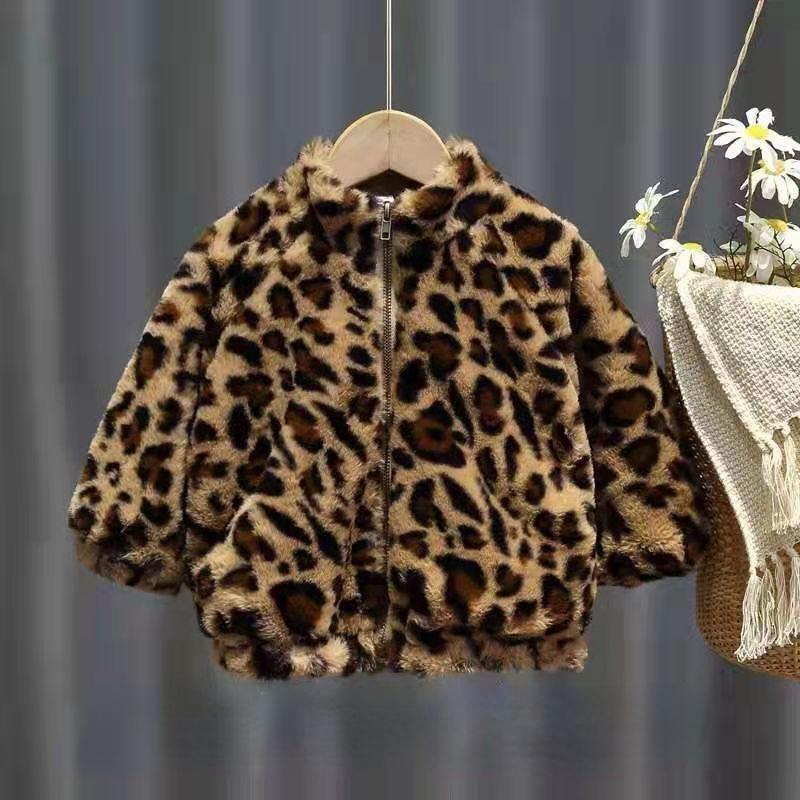 Fashion Girls Plush Coat Leopard Pattern Top Children Coats