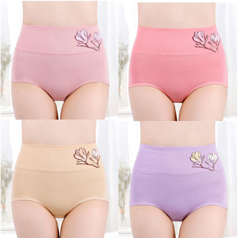 4 шт./лот, нижнее белье больших размеров, женские трусики с высокой талией, короткие дышащие трусы из чистого хлопка с высокой посадкой для женщин