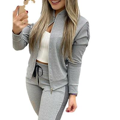 Женская мода повседневная весна осень клетчатый принт с длинным рукавом и круглым вырезом брюки костюмы