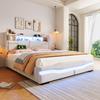 Upholstered Bed, 160x200cm, USB-C Charging Function, Ambient Lighting Strip, Headboard Storage, Hydraulic Storage, Without Mattress, LED Lights, Beige