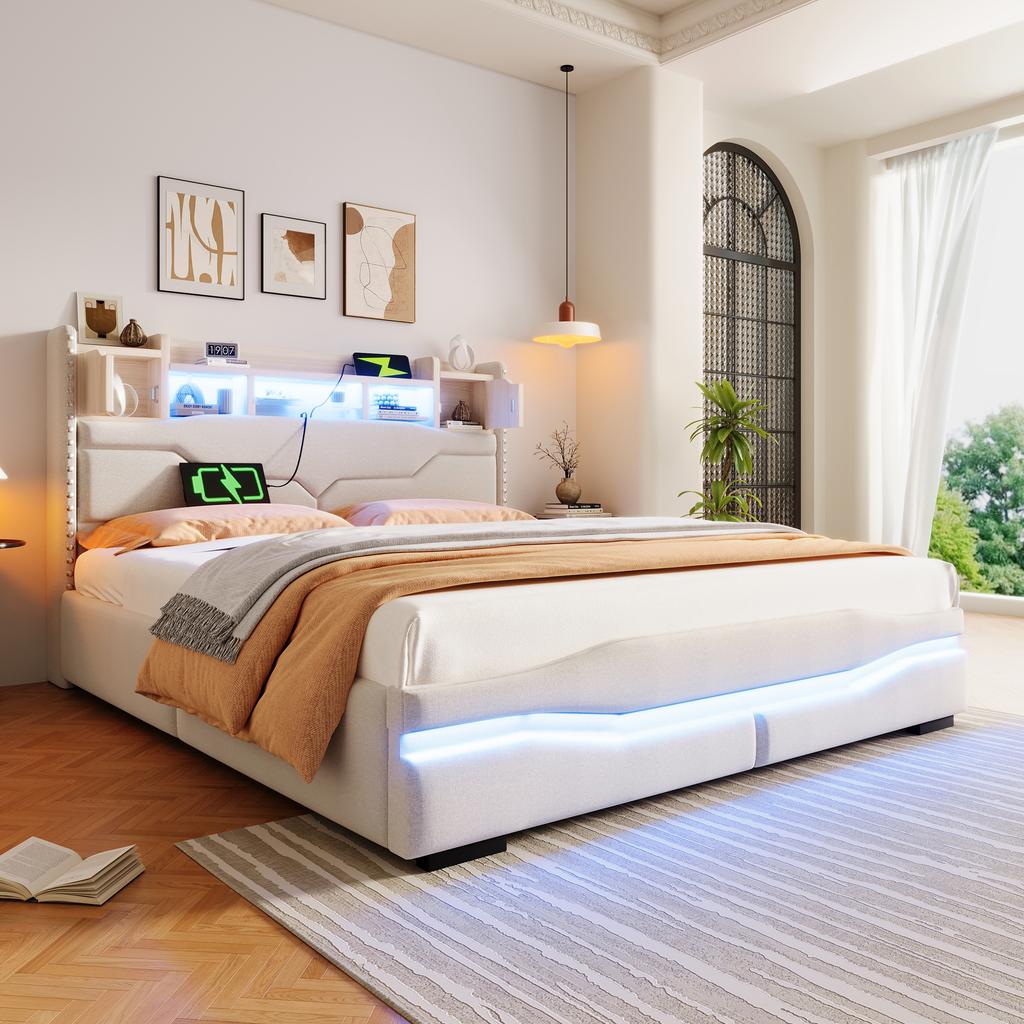 Upholstered Bed, 160x200cm, USB-C Charging Function, Ambient Lighting Strip, Headboard Storage, Hydraulic Storage, Without Mattress, LED Lights, Beige