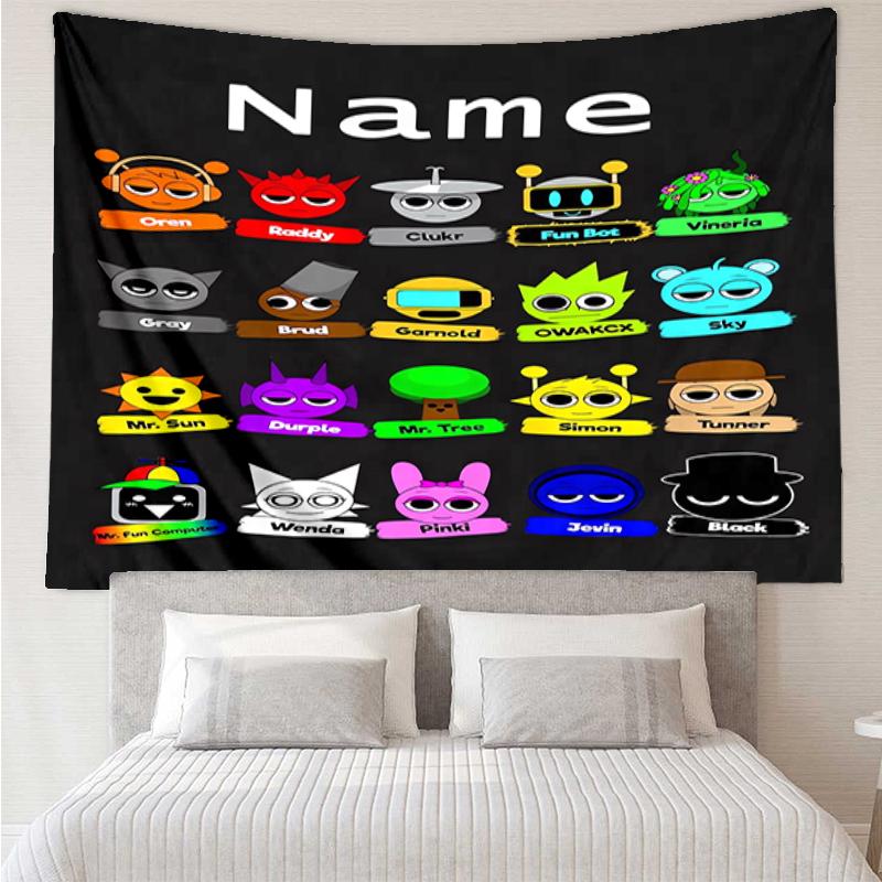Custom Name Sprunki Print Tapestry, Backdrop, Easy Setup, Ideal for Bedroom, Office & Living Room, with Aesthetic Wall Hanging Decor.