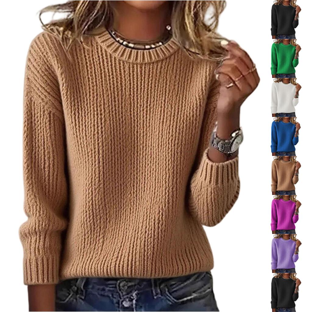 Women's Fashion Casual Loose Pullover Solid Color Round Neck Long Sleeve Knit Sweater