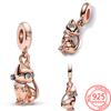 New Arrival 925 Silver Sparkling Rose Gold Pet Cat Kitty Charm Fit Fashion Bracelet and Necklace DIY Women Jewelry Birthday Gift