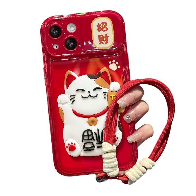 Applicable To Apple 15 Mobile Phone Case IPhone 14 Promax Lucky Cat Doll Lanyard 13 Flip Mirror 11/12