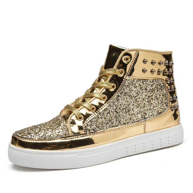 Модные мужские скейт-кеды серебристо-розовые Lovers sequined Shoes Rivets Punk Glitter Shoes Men Sneakers Youth High Top Street Flats sd45