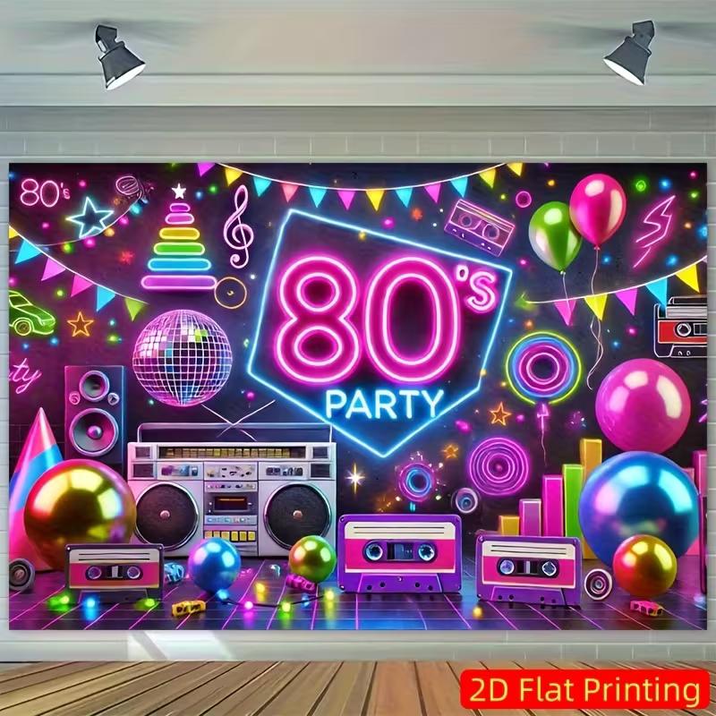2D 80s Party Banner, Neon Boombox & Disco Ball Background