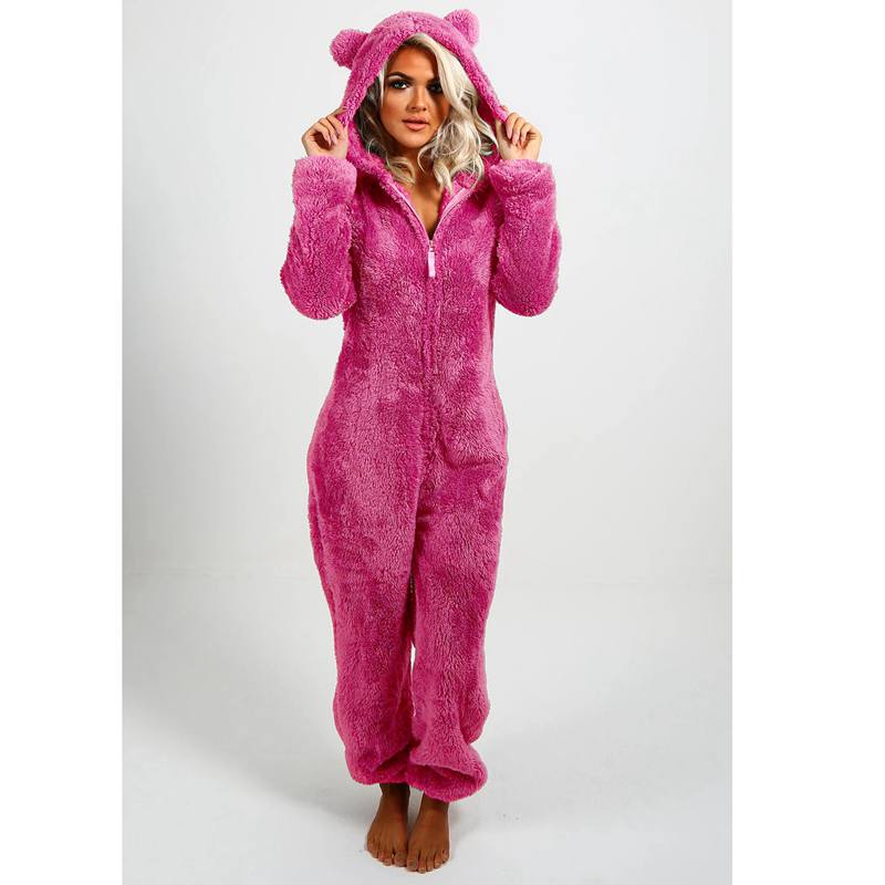 Women Warm Furry Pajamas Plush Fleece Zipper One-Piece Pajamas Soft and Comfortable Hooded Cute Bear Lounge Wear Women Onesies Home Night Sleepwear
