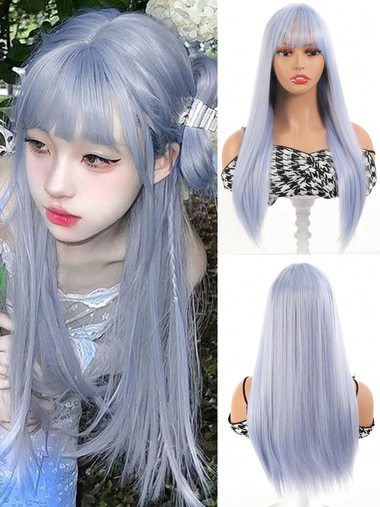 Синтетический парик Длинный натуральный волнистый ЧЕРНЫЙ 24-дюймовый парик с челкой Женский термостойкий парик из натуральных волос для повседневного косплея Хэллоуина Парики для вечеринок