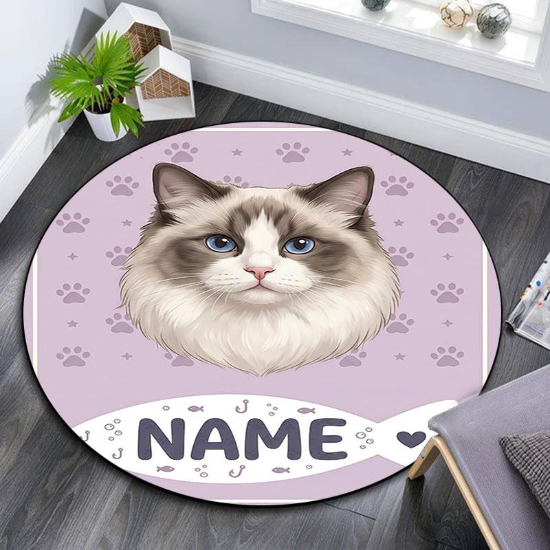 Custom Name,Cute Cat Portrait Series pattern round rug,Carpet Rug for Living Room Bedroom Playroom ,Non-slip Floor Mat,Holiday Gifts and Birthday Gift