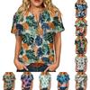 Женская футболка-henley с коротким рукавом и нагрудным карманом, смесовая ткань хлопок-лен, повседневный топ на пуговицах, летний топ с принтом тропических пальм