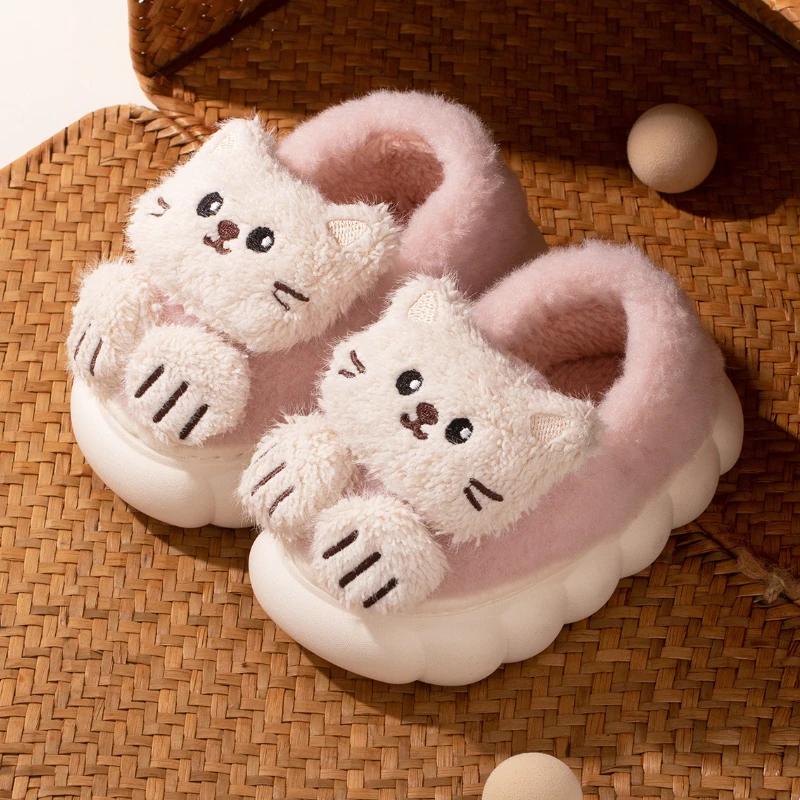 Cute Cat Girl House Slippers Winter Warm Children Outdoor Cotton Shoes Fashion Versatile Causal Kids Plush Slippers Soft Bottom