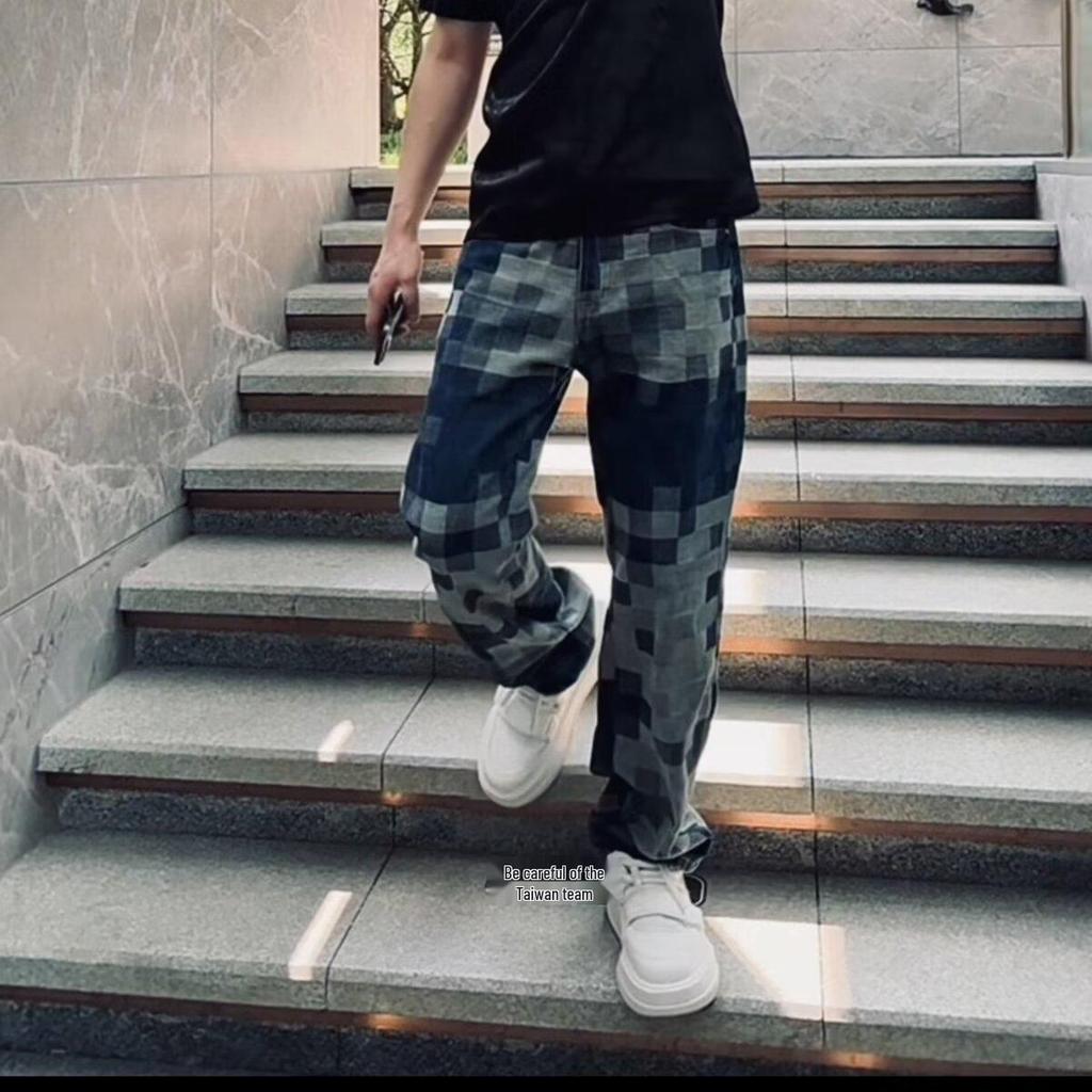 Men's Light Luxury Plaid Straight-Leg Jeans - Trendy Korean Style for Summer