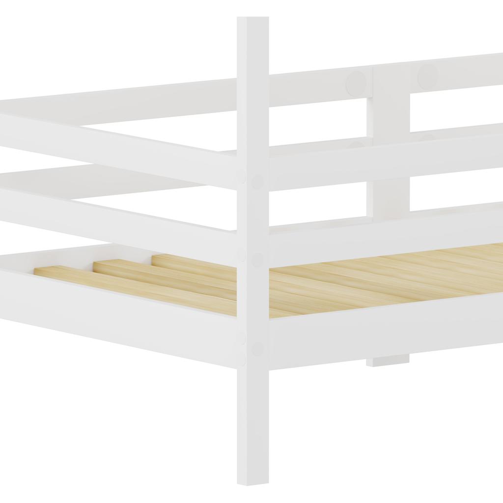 House Bed 90x200 cm, pine, house roof design, three-sided fall protection, slatted frame included, without mattress, color white, DE603090WT