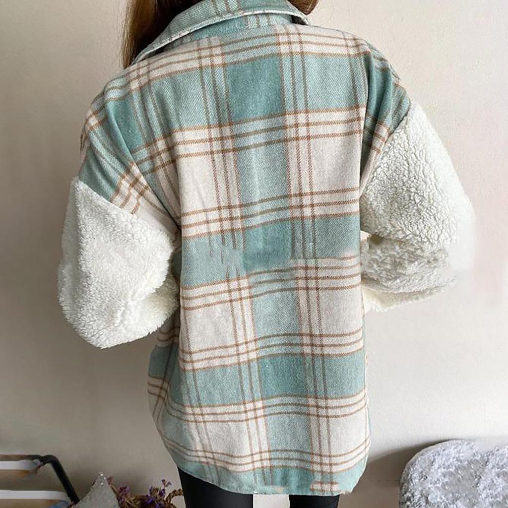 Women Winter Casual Fashion Classic Long Sleeve Lamb Wool Coat Plaid Coat