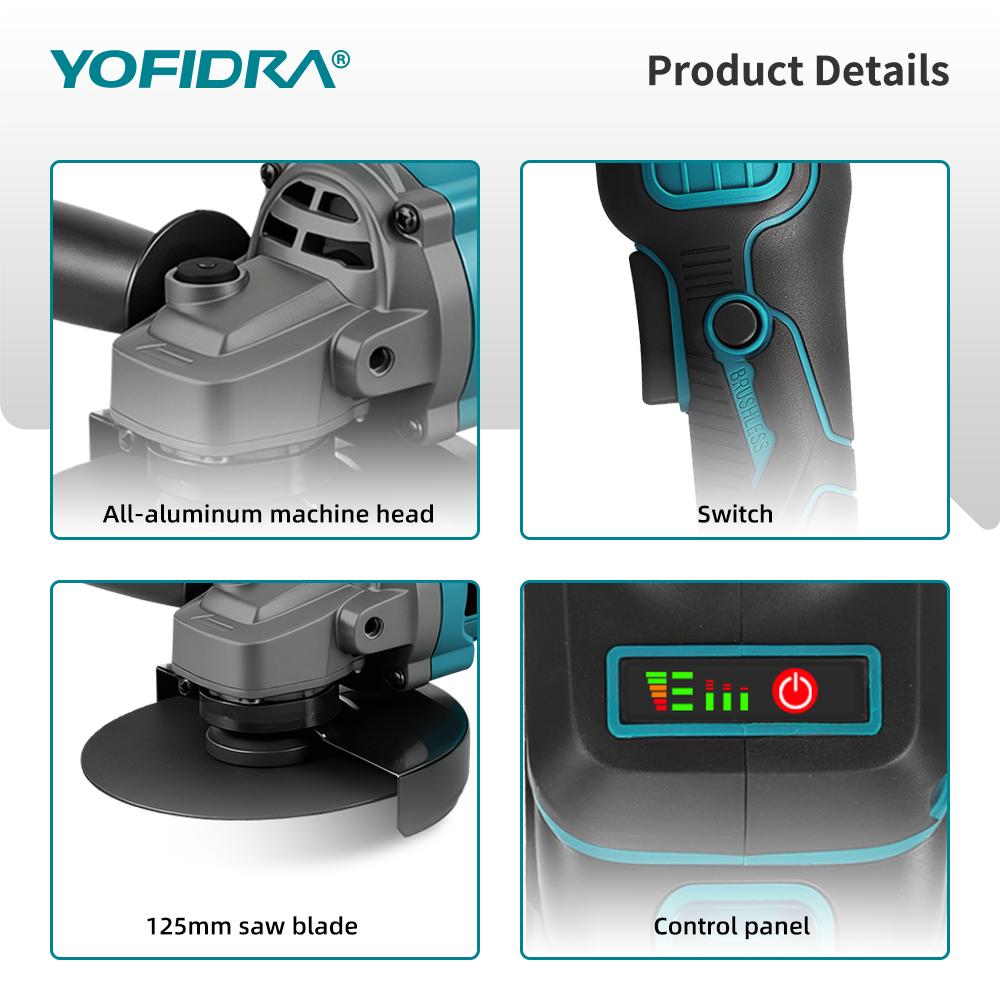 YOFIDRA 125mm Brushless Angle Grinder 20000RPM Cordless Grinding Machine Cutting Woodworking Power Tool For Makita Battery Pin