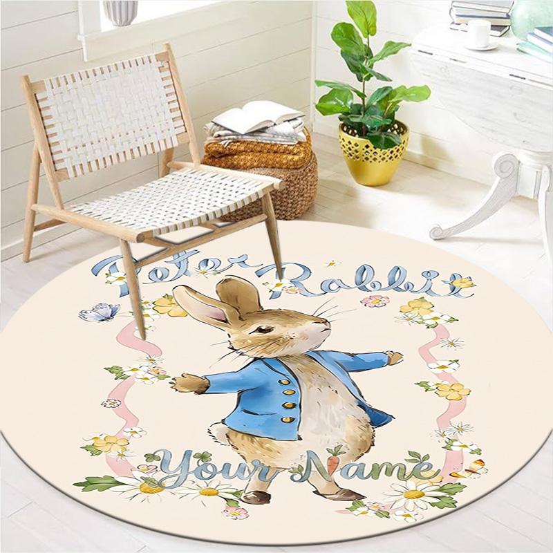 Peter Rabbit Adventure Custom Name Round Area Rug Carpet Rug For Living Room Bedroom Sofa Playroom Decor Nonslip Floor Mat