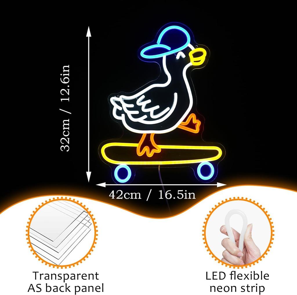 Skateboard Duck Neon Sign Dimmable LED Happy Duck Neon Light USB Powered Hat Duck Light Up Sign Living Room Bedroom Art Wall Decor Boys Girls Gift