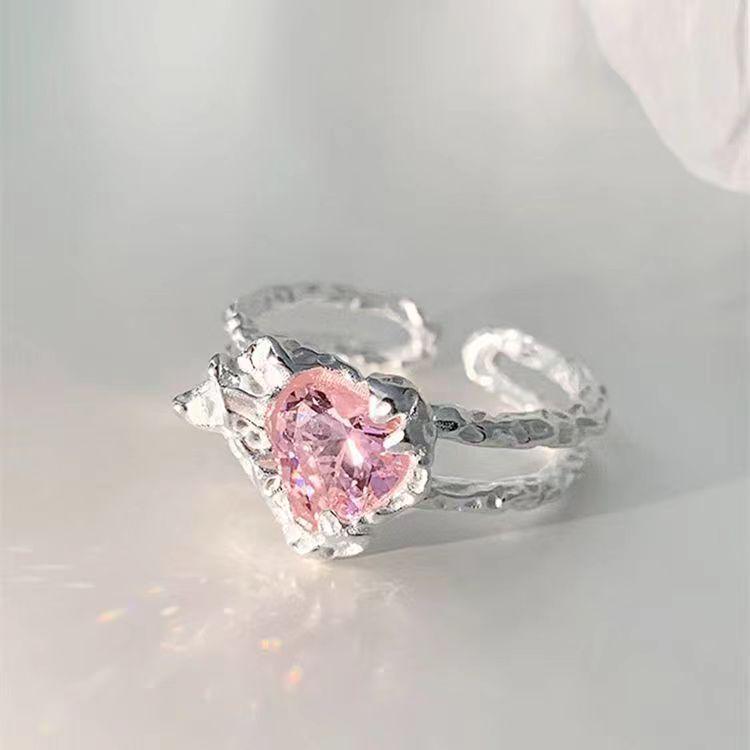 Модное двухслойное открытое кольцо с розовым цирконием Love