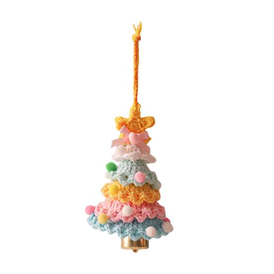 Knitted Christmas Tree Ornaments Mini Crochet Christmas Tree Hanging Pendant with Gold Jingle Bell for Holiday Home Party Decoration