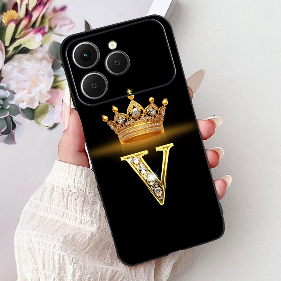 Чехол для Tecno Spark 40 Черный Силикон Роскошные Буквы А-Я Модные Цветы Корона Ударопрочный Чехол для Телефона Tecno Spark 40