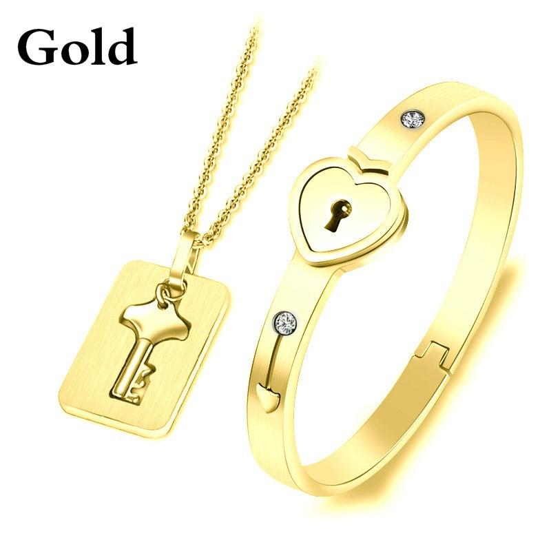 Модные парные комплекты ювелирных изделий для влюбленных из нержавеющей стали, браслеты с замком в виде сердца, ожерелье с подвеской в виде ключа, парный комплект
