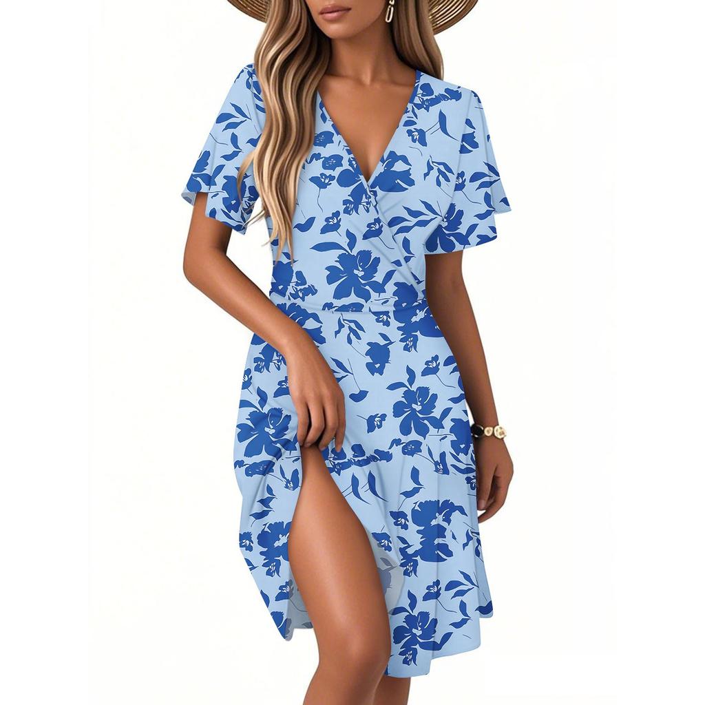 Женское повседневное модное платье с винтажным цветочным принтом и коротким рукавом и V-образным вырезом