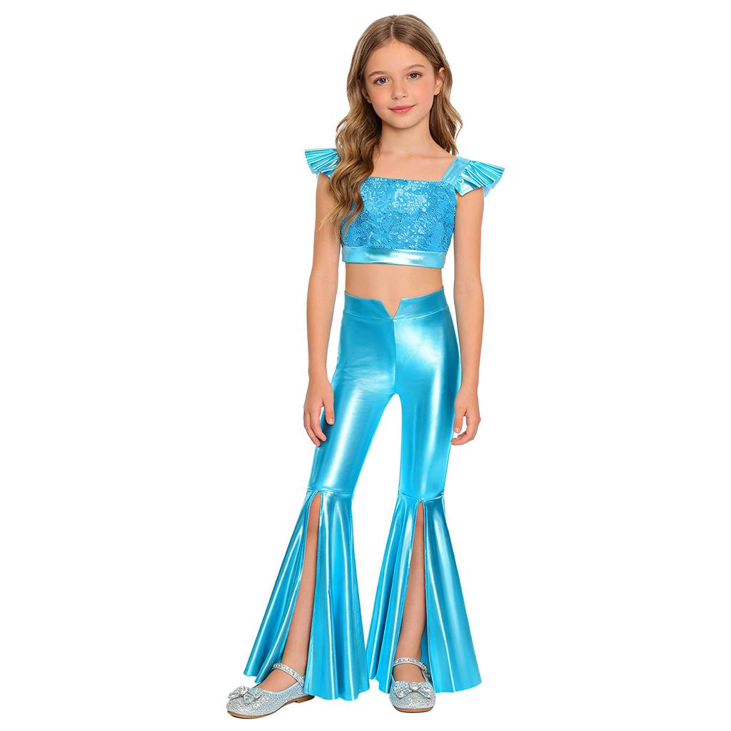 Kids Girls Dance Performance Outfit Square Collar Ruffled Sleeves Sparkling Sequin Metallic Crop Top with Split Bell-bottom Shiny Pants