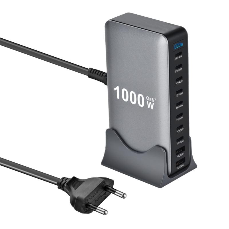 10-портовое USB-C зарядное устройство 1000 Вт, технология нитрида галлия, универсальная совместимость, компактный дизайн для нескольких электронных устройств