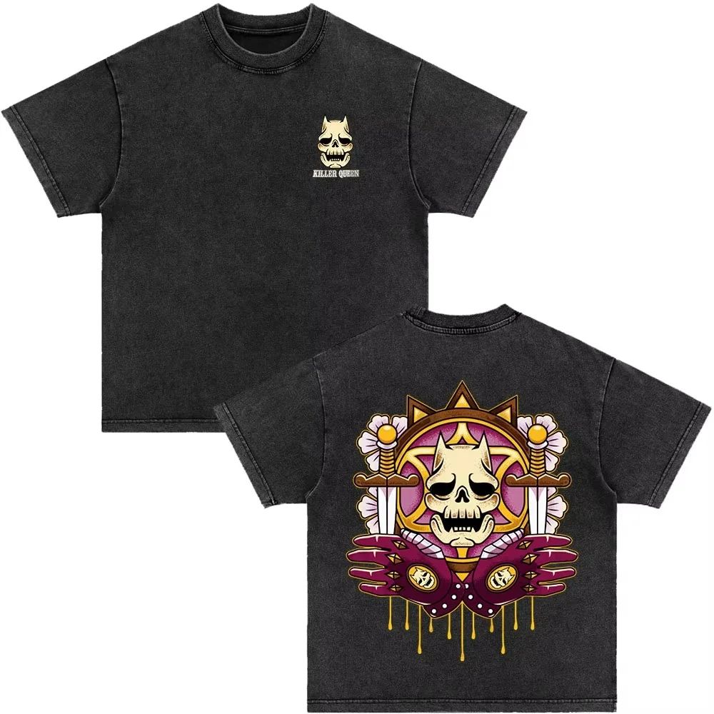 Japanese Anime Jojo Bizarre Adventure Vintage Washed T-Shirt Killer Queen Graphic T Shirts Men Women Cosplay Oversized T-shirt