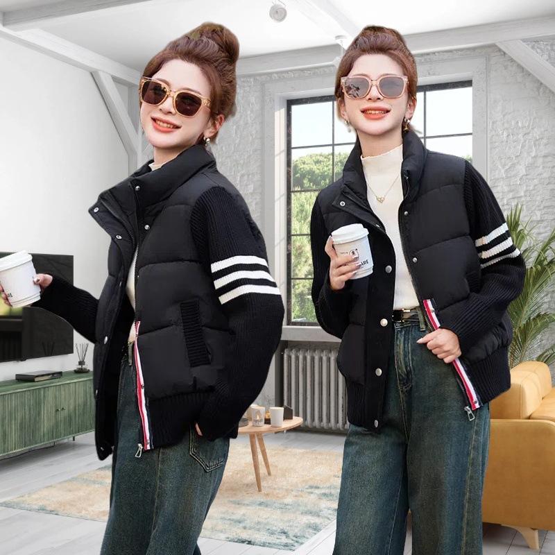 Knitted stand-up collar splicing cotton-padded clothes women's short high-end new fashion cotton-padded clothes splicing warm cotton-padded jackets