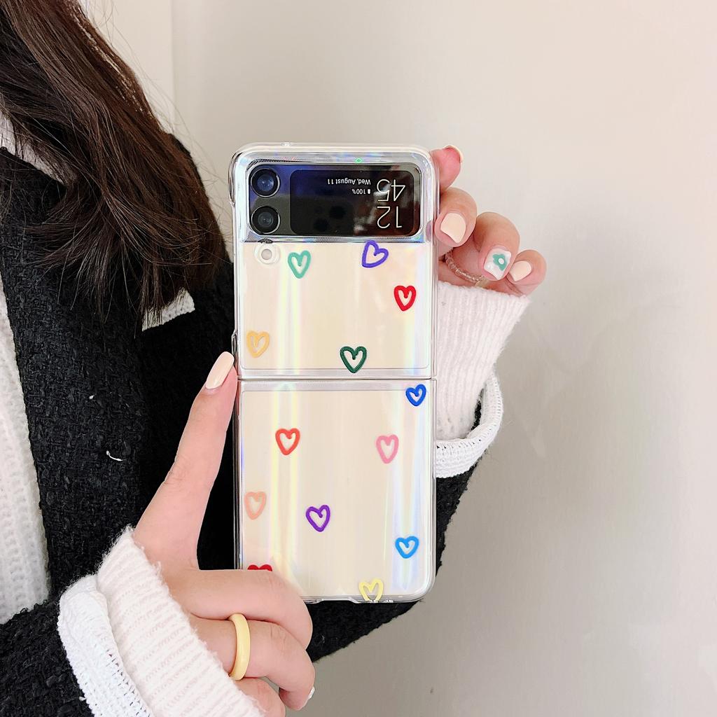 For Samsung Galaxy Z Flip 3 Case Korean Colorful Heart For Samsung Z Flip 4 Zflip4 Luxury Hard Pc Clear Cover With Laser Jam