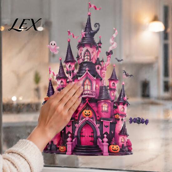 Easy Apply Halloween Window Ornaments 9 Pcs Pink Static Clings, Cute Skull Witch Castle Bat Pumpkin Festive Glass Decorations for Classroom