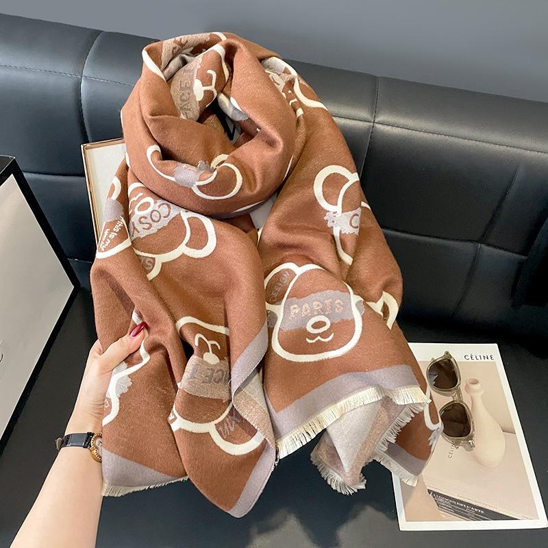 Autumn and Winter Imitation Cashmere Warm Thickened Scarf Bear Pattern Frame Short Beard Scarf Shawl Dual-purpose