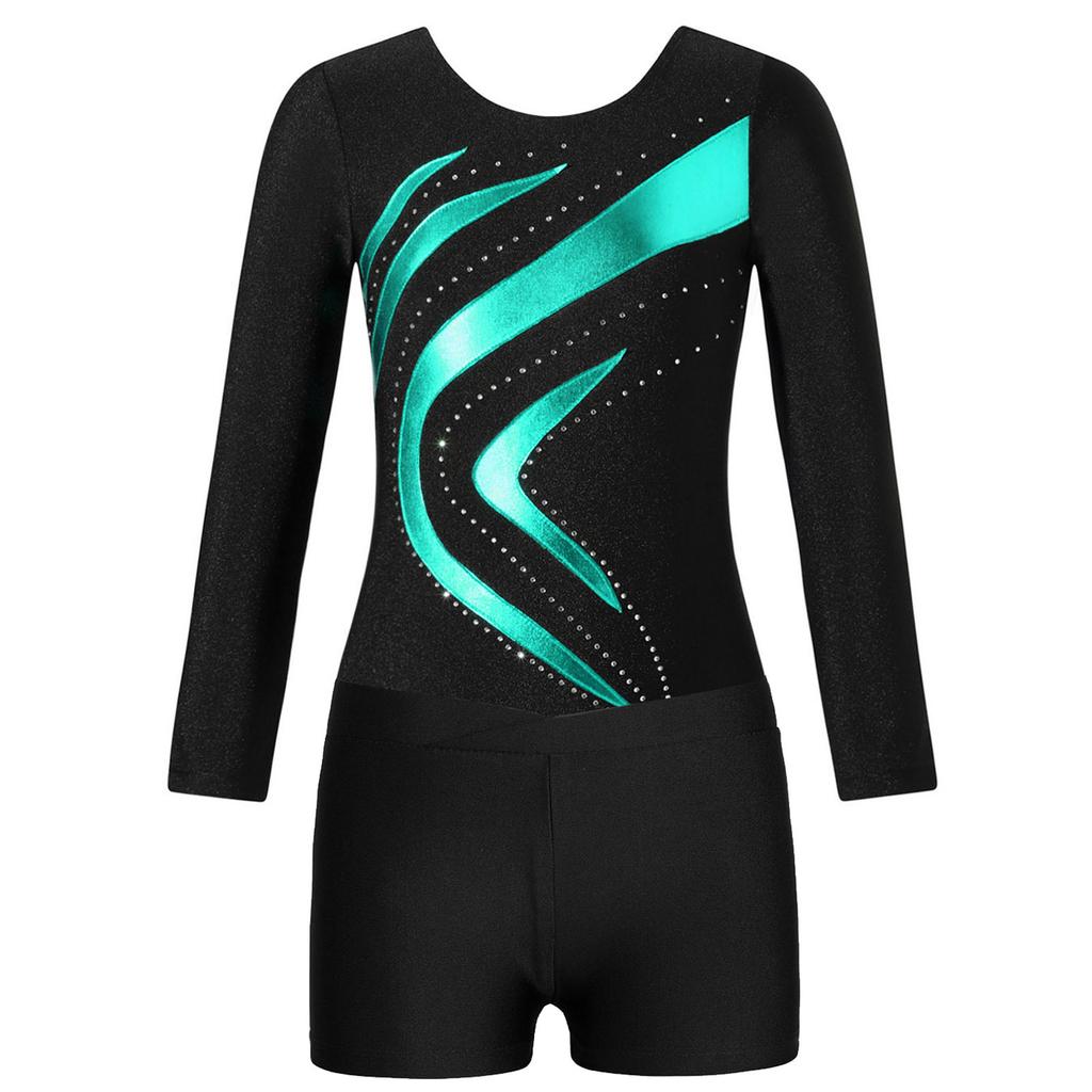 Детский танцевальный купальник для девочек, блестящий, с длинным рукавом, круглым вырезом, стразами, в стиле пэчворк, и шортами с V-образным вырезом, комплект для соревнований