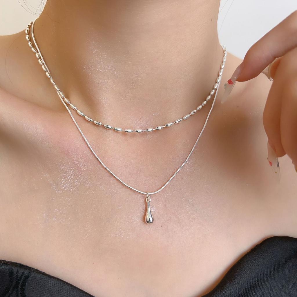 Cold wind double-layer small rice grain water drop necklace women's 2024 new simple stacked collarbone chain simple neck chain accessories