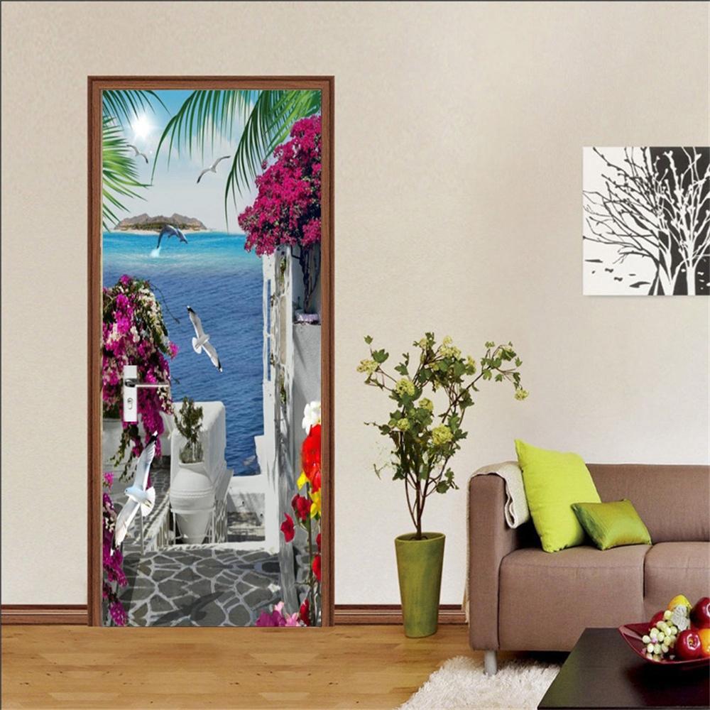 3d дверная наклейка, зеленые пальмовые растения, обои, самоклеящиеся, для входа, для дома, спальни, декоративные винилы, абстрактные линии, пейзажный постер
