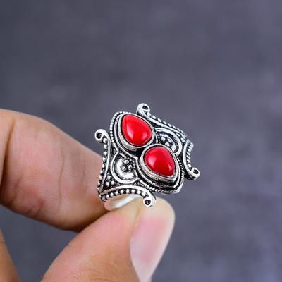 Кольцо из серебра 925 пробы с натуральным красным кораллом, размер 9, k8I74