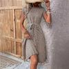 Women Summer Pleated Dress with Belt Round Neck Short Sleeve Medium Long