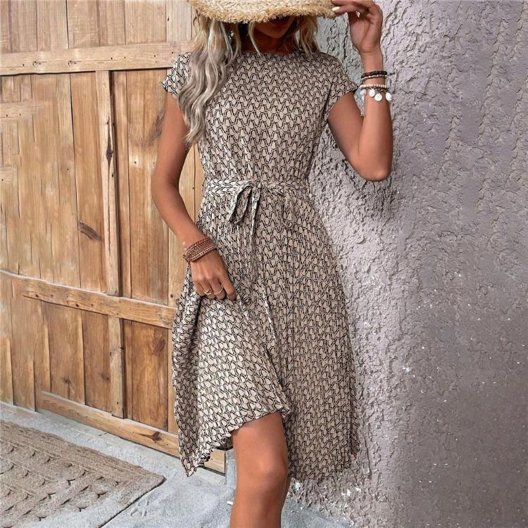 Women Summer Pleated Dress with Belt Round Neck Short Sleeve Medium Long