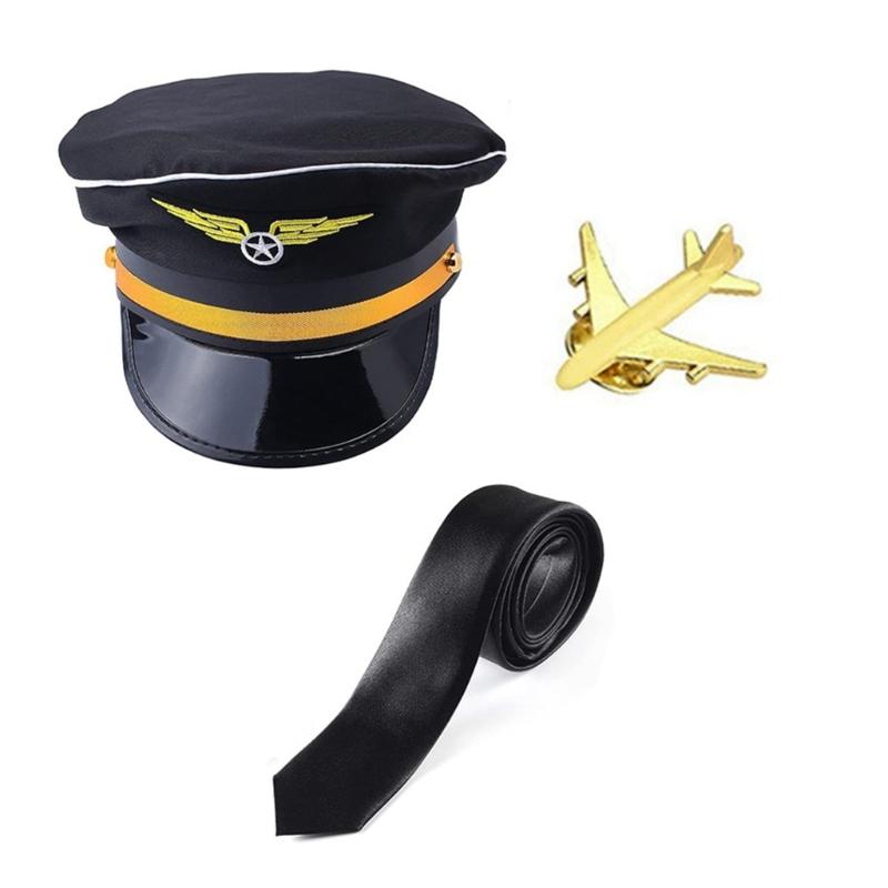 Airline Captain Costume Adult Pilot Cosplay Accessory Uniform Epaulette Hat Neck Tie Flight Attendant Role Play Outfit