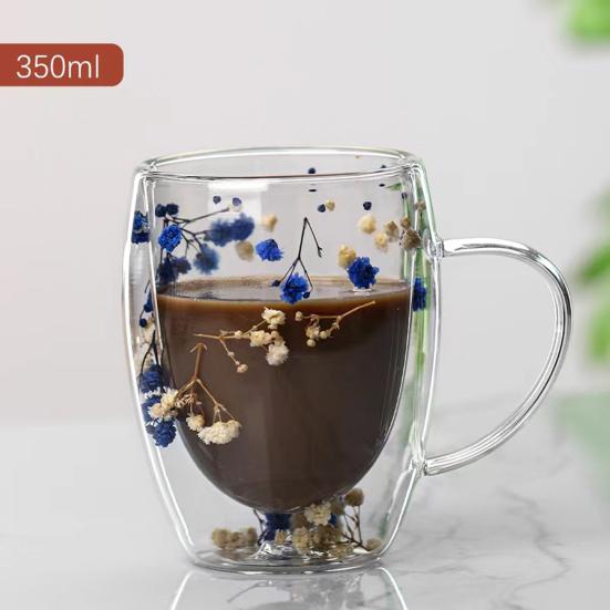 1/2Pcs 350ML Dries Flower Double Wall Mug Insulated Coffee Cup with Handle Espresso Latte Cappuccino Milk Juice Tea Water Drinking Cup