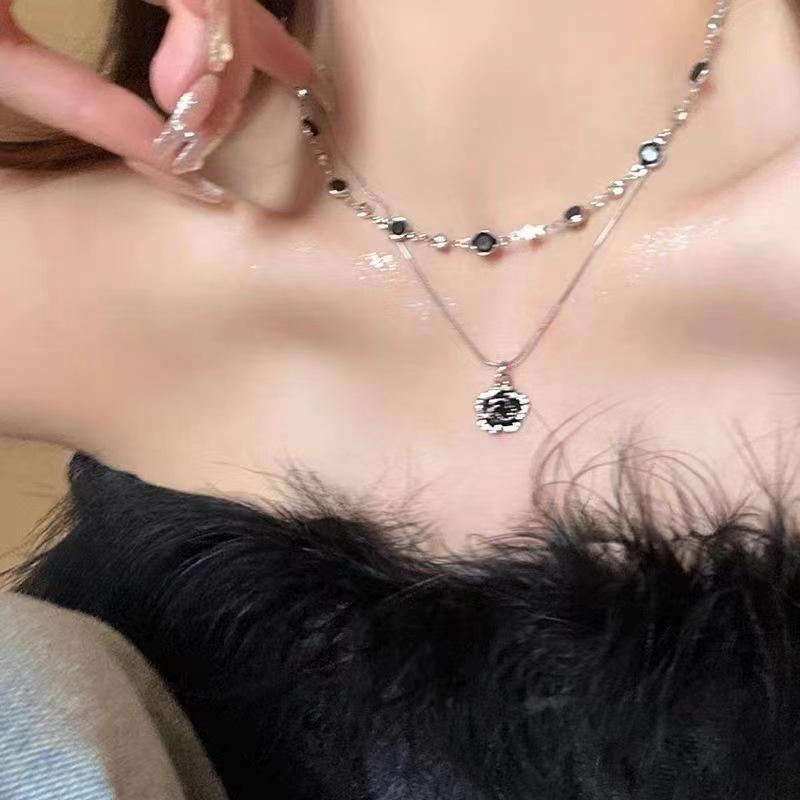 Double-Layer Rose Zircon Sweater Necklace: Elegant Summer Clavicle Chain, Women's Light Luxury High-End Accessory.