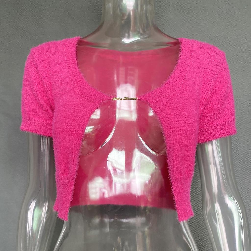 Хлопковые кардиганы из мохера, топы для женщин, с короткими рукавами и цепочкой с буквами, элегантный топ, трикотаж, однотонный, S-XL