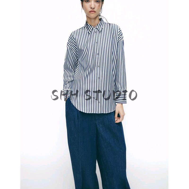 Spring New Women Clothes Commuting Casual Fashion Stripe Long Sleeve Lapel Shirts 2225814 2225815