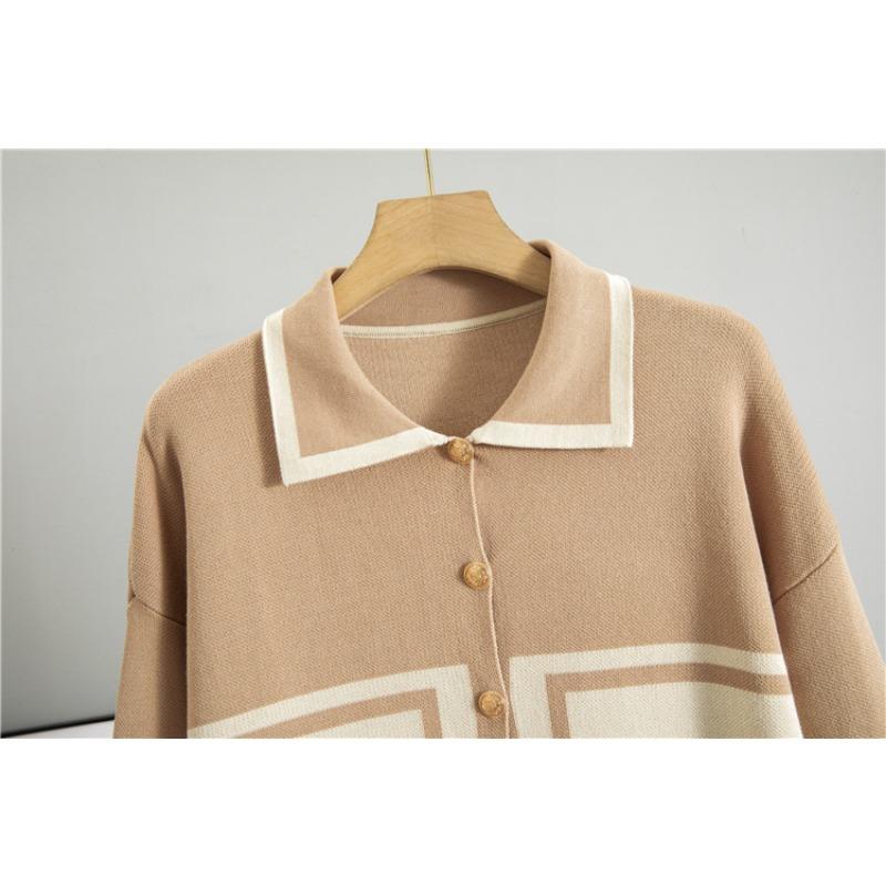 Плюс размер женский весенний новый лацкан цветной контрастный модный повседневный свободный вязаный кардиган из двух частей комплект