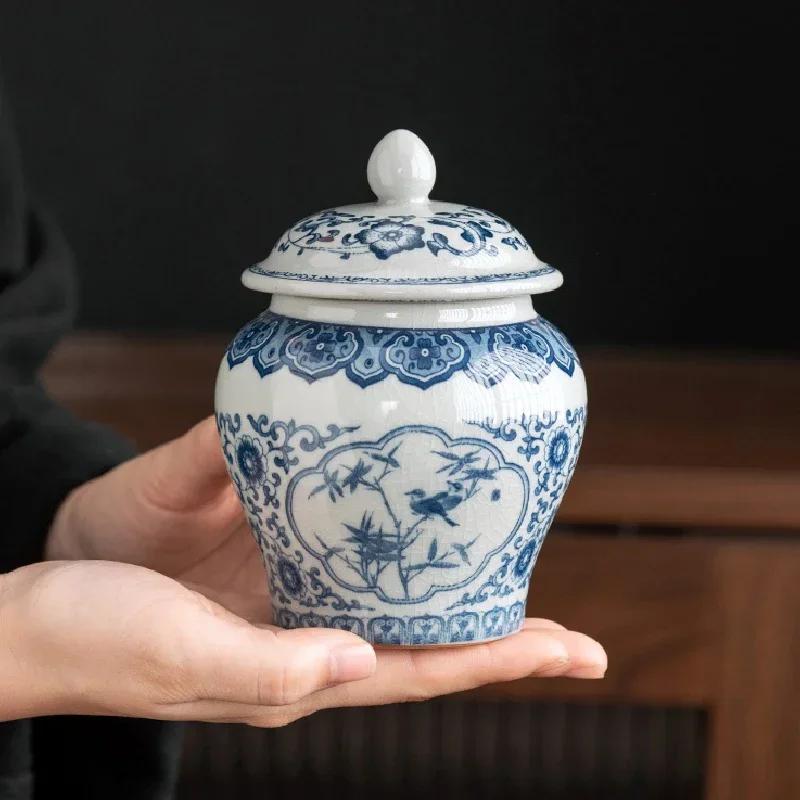 Синяя и белая фарфоровая банка для чая, керамическая банка с крышкой, герметичная коробка для конфет, ретро-банка для хранения чая с трещинами в глазури, контейнер для хранения